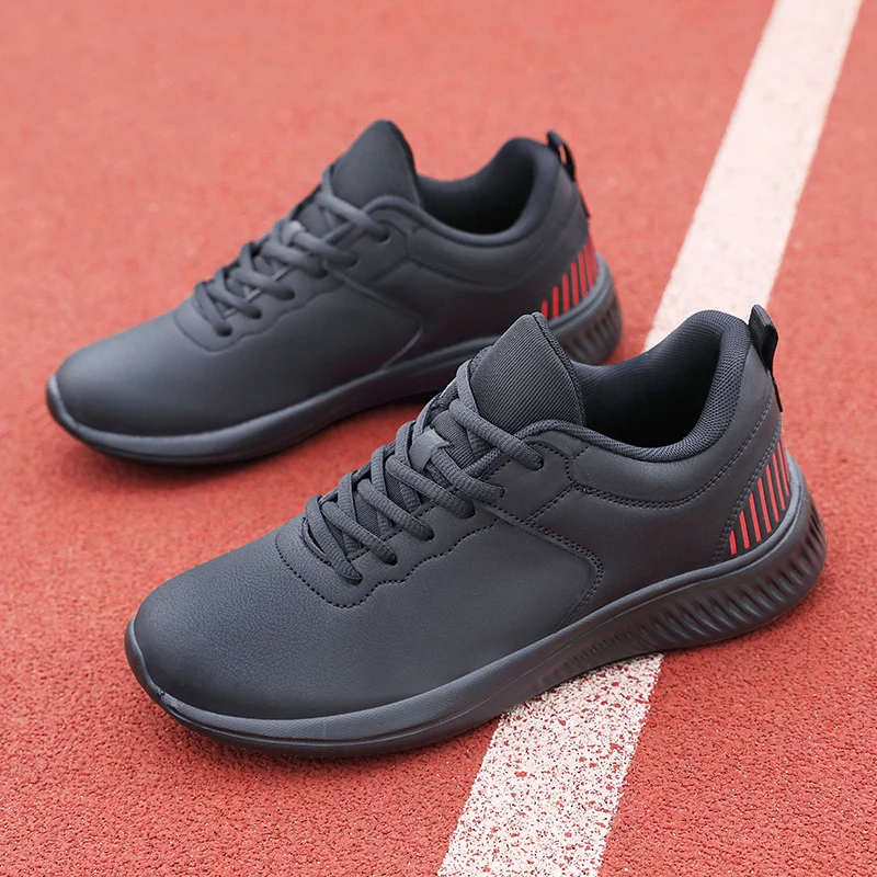 

Men Leather Black And Red Sneakers Breathable Running Shoes Outdoor Sport Fashion Comfortable Casual Couples Gym Mens Shoes