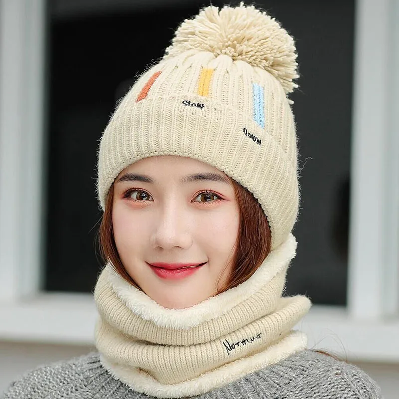 Knitted Hat With Scarf Collars SUOGRY Sets For Women Winter Ladies Hat& Scarf With Pompom Thick Two Piece Keep Snow Warm Set