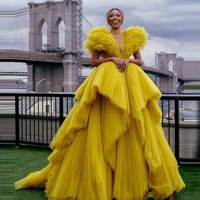 yellow tulle prom dresses extra puffy ruffles v neck photoshoot women dress long vestidos de fiesta formal evening gowns