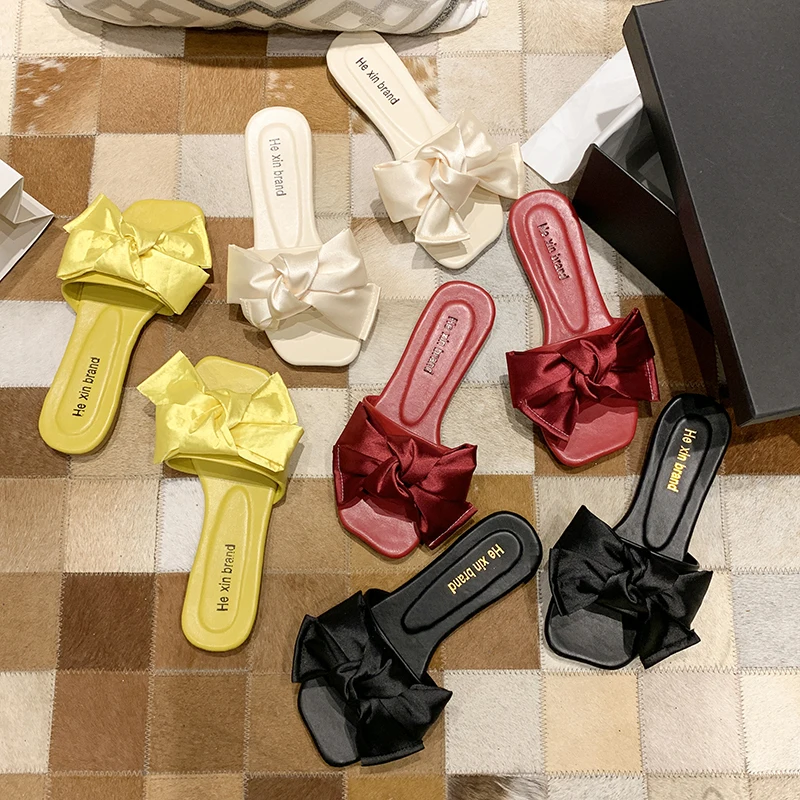 Корейские модные атласные тапочки с большим бантом женская обувь уличные