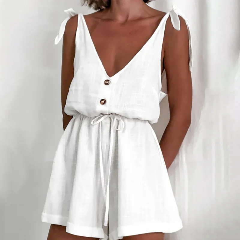 

Women's Two Piece Set White Jumpsuit linen Solid Button Cotton Sleeveless Bow Jumpsuits For Female Summer
