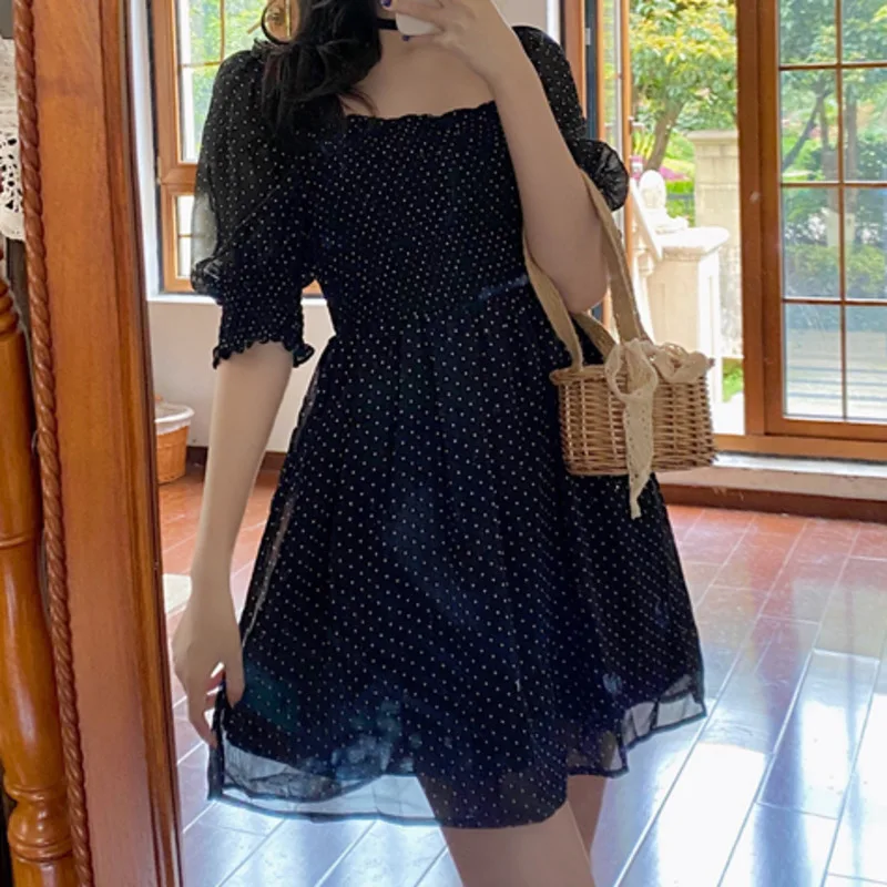 

French Vintage Summer Boho Black Dress Fashion Women Clothing Sexy Dot Cute Short Sleeve Mini Dress Vestidos Mujer Verano 2021