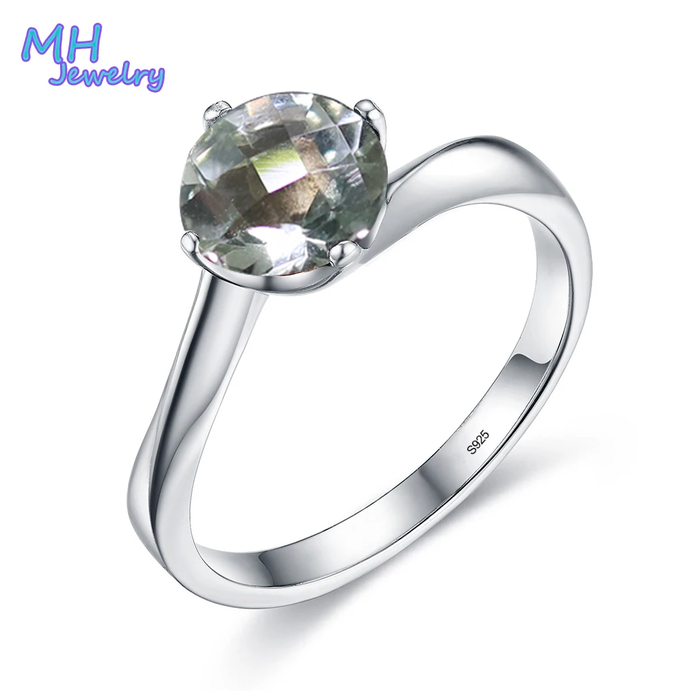 

MH Natural round 7mm green amethyst Gemstone Sweet small Rings Real 925 Sterling Silver Fine Jewelry for girl lady Romantic gift