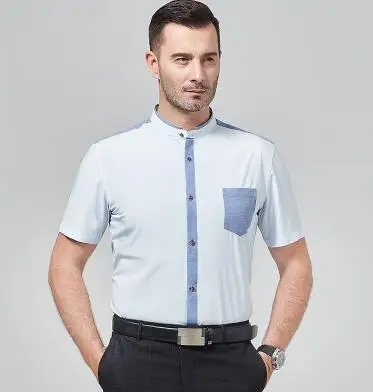 nevy blue Новые рубашки Повседневная Деловая Мужская рубашка короткий рукав стоячий воротник мужские офисные платья рубашки Рабочая одежда хлопок формальная мужская одежда - Цвет: nevy blue