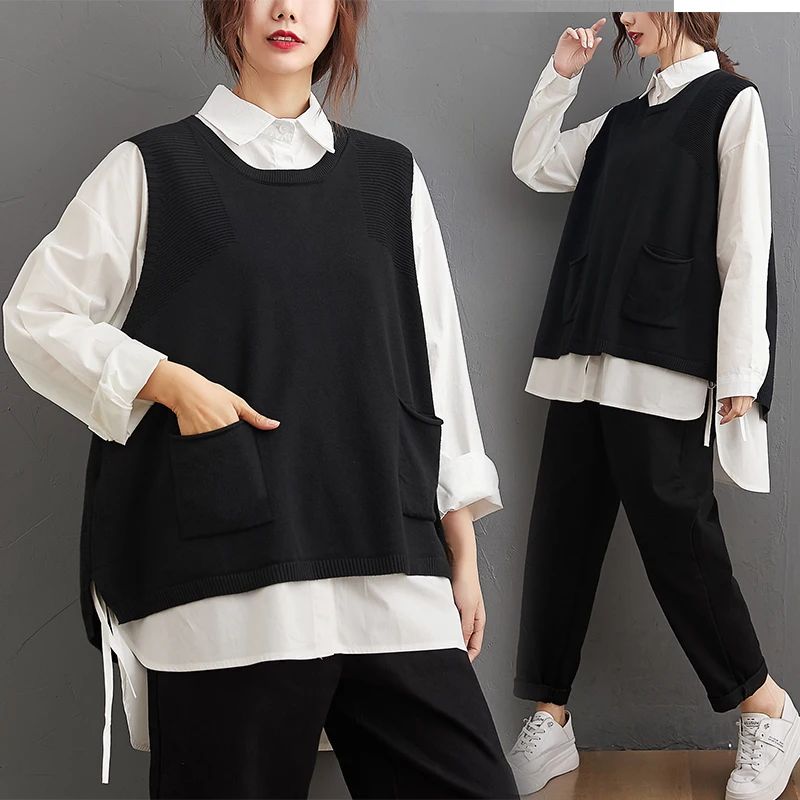 

Женский свитер, жилет, свободный Трикотажный жилет без рукавов, пуловер, весна-осень 2021, блузка с длинным рукавом, женская рубашка