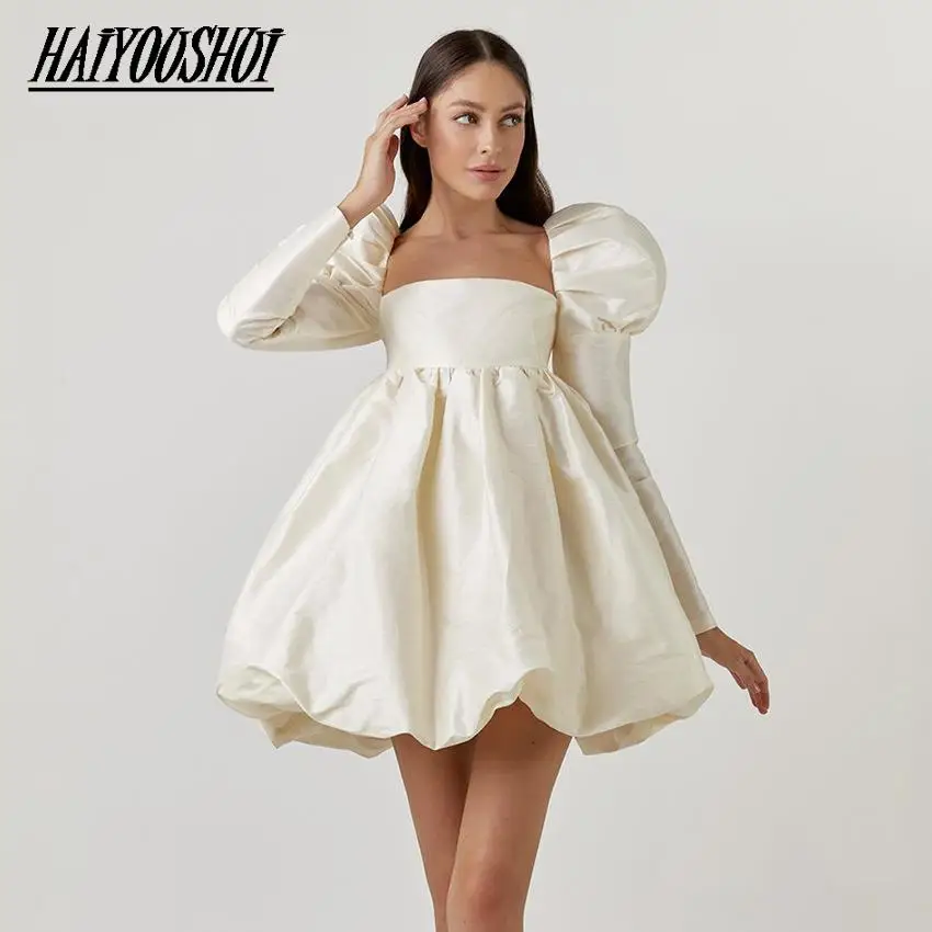 

Fashionable Dress For Party Satin Beige Lace Up Ball Gown Dresses Puff Sleeve High Waist Elegant Mini Autumn Wedding Women