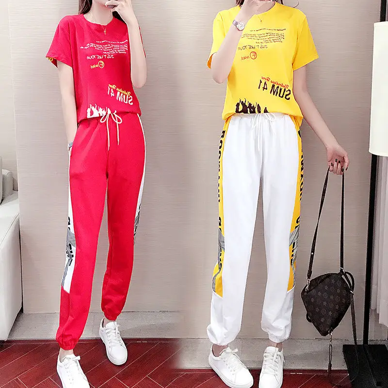 

Fashion Summer Women's Red Suit Sports Street Kpop 2-piece set tops Trousers Jogging Femme Sweat Suit Set Club Outfits Tracksuit