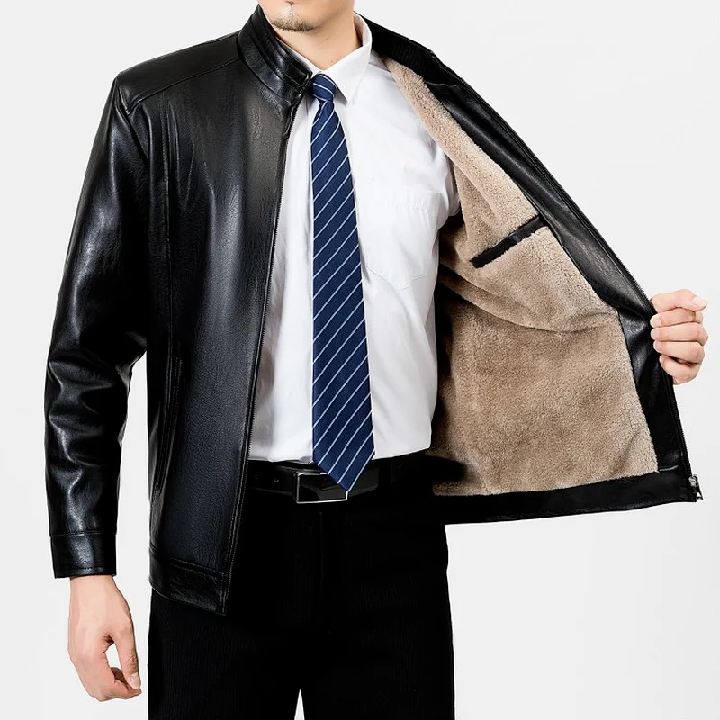

2021Fashion New Middle-aged Leather Jacket Men's Jacket Loose Zipper Stand Collar PU Fur One With Pockets Plus Fleece Thickening