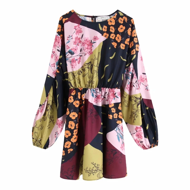 Женское свободное платье мини составного кроя с круглым вырезом и рукавами