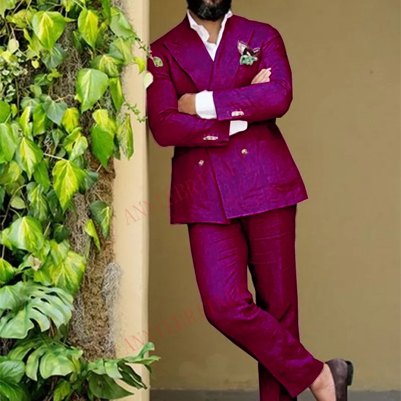 New Designs Orange Linen Suit Men 2 pieces Set Tailored Groom Tuxedo Beach Wedding Suits for Casual Men's Blazer with Pants | Мужская