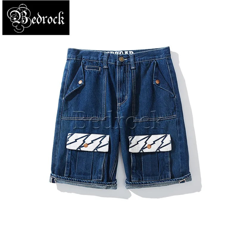 MBBCAR 13oz blue raw denim shorts one washed Summer Amekaji Knee length denim shorts Multi-pocket print casual shorts men 551