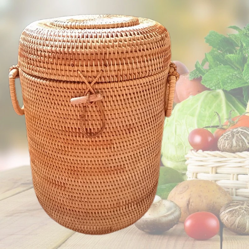 

Handmade Rattan Storage Basket Snack Fruit Vegetable Box with Cover for Sundries