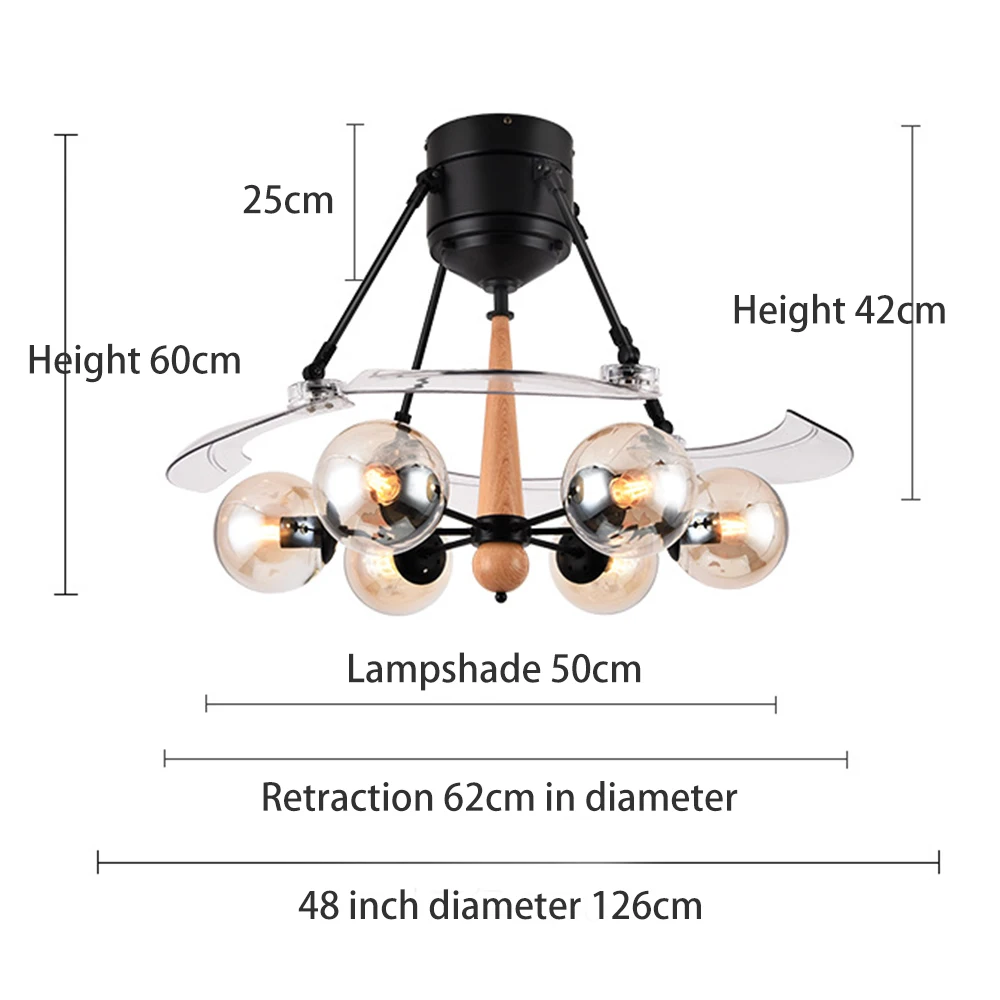 48 дюймов Невидимый потолочный вентилятор с светильник стеклянная лампа