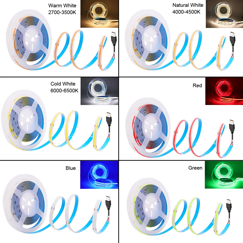 5V LED COB Strip Light USB Battery Powered 320LED/m High Density Linear Linghting Flexible Tape Strips White Blue Green Red DC5V | Лампы и
