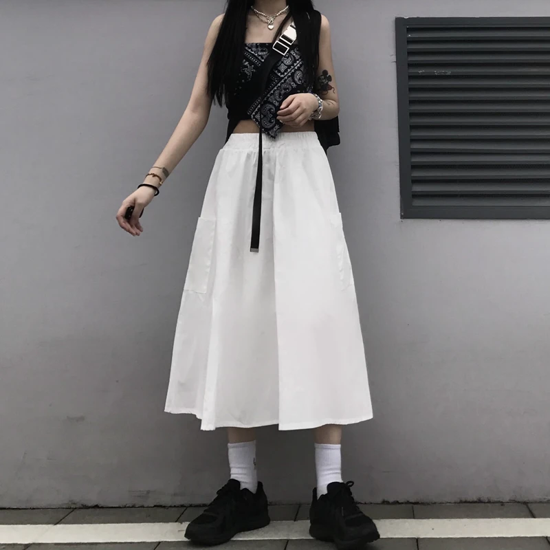 

Harajpoo Women Skirts Trendy Harajuku Summer Korean Version Ins Retro Japanese A-line Umbrella Casual Loose Wild Simple Skirt
