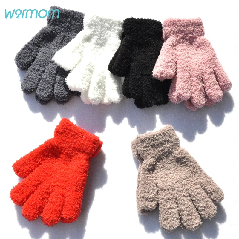 Warmom-guantes gruesos de lana de Coral para ni&ntilde;os, manoplas suaves de dedo completo peludas de felpa para beb&eacute;s de 7 a 11 a&ntilde;os, Invierno-0