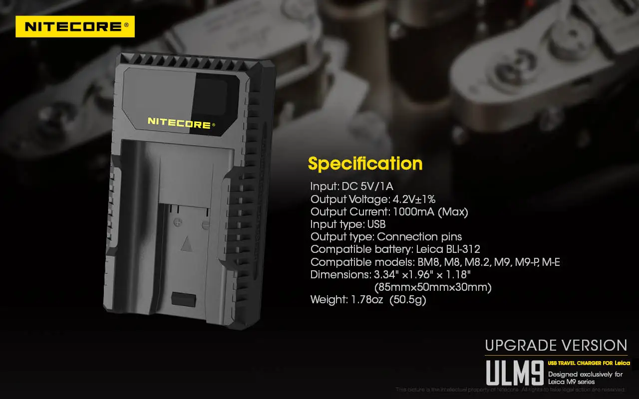 

Original Nitecore ULM9 Camera Charger USB Travel For Leica BLI-312 Battery Leica Camera BM8 M8 M8.2 M9 M9-P M-E