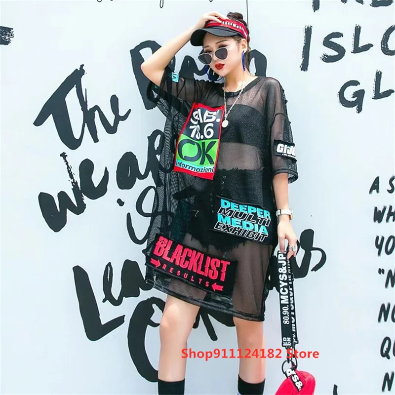 

Hot-Selling Street Fashion Personality Patch See-Through Mesh T-shirt 2021 Summer New Loose Large Size Mid-Length Top
