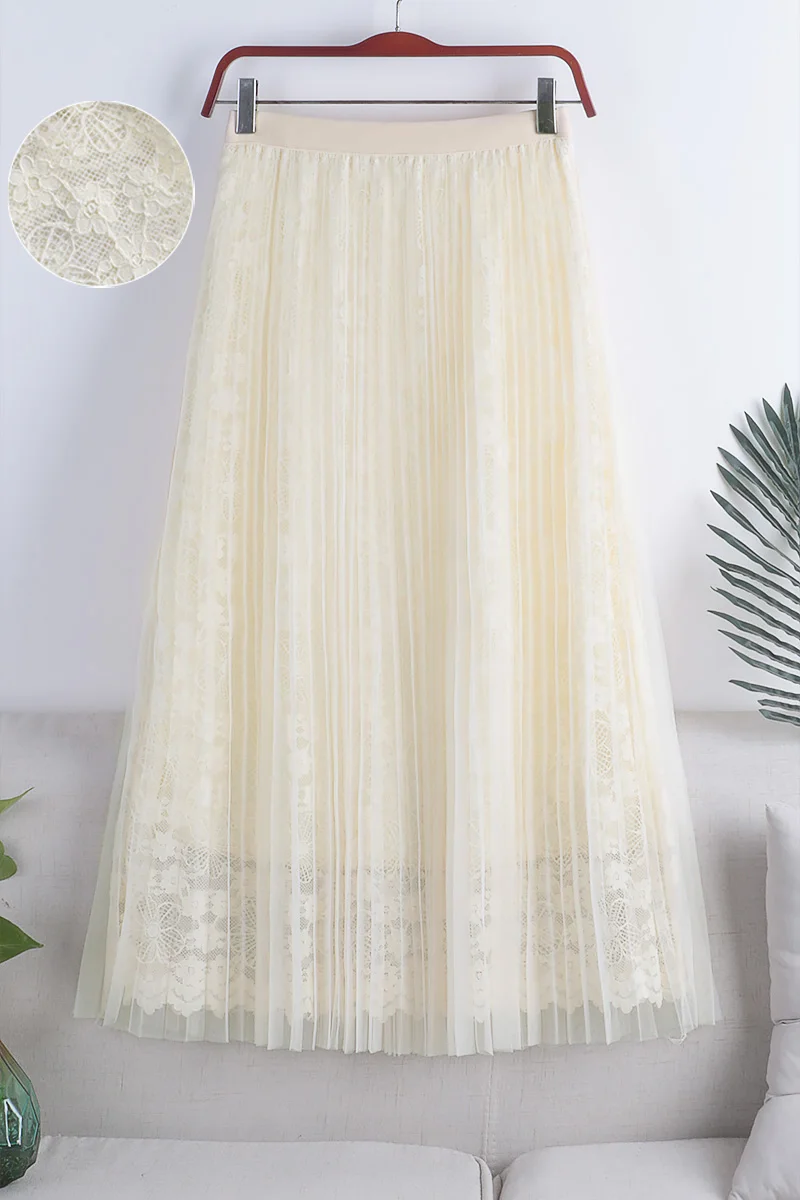 

Super Fairy Yarn Skirt Spring New Slim Lace Crochet Hollow Double-Layer Mesh Skirt Female Solid Color A-Line Skirt 666