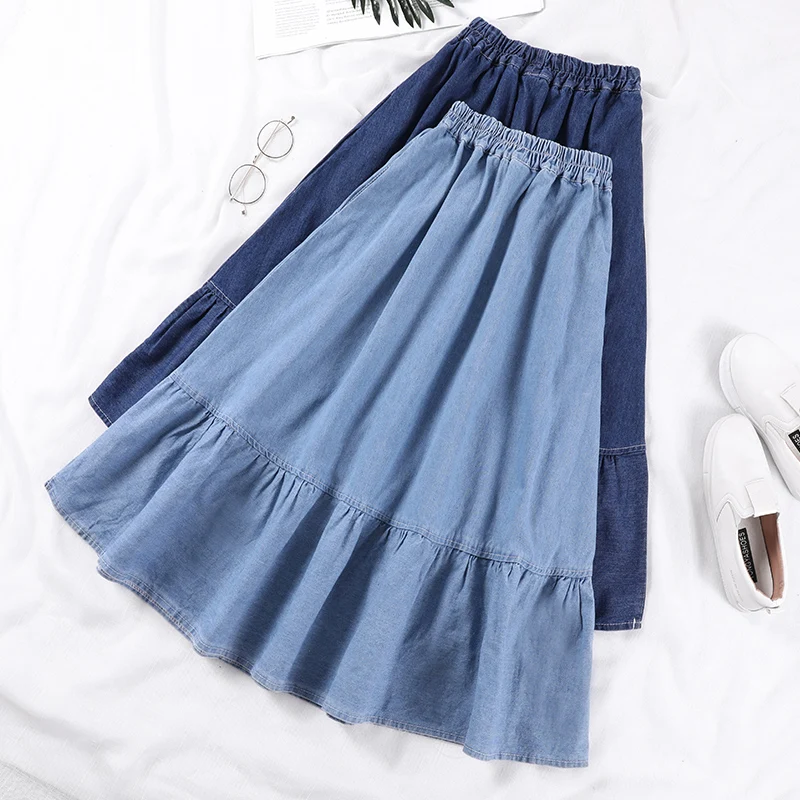 Summer Saia Female A-Line Long Denim Skirt Pockets Women High Waist Midi Jeans Skirts Dark Blue Light Plus Size | Женская одежда