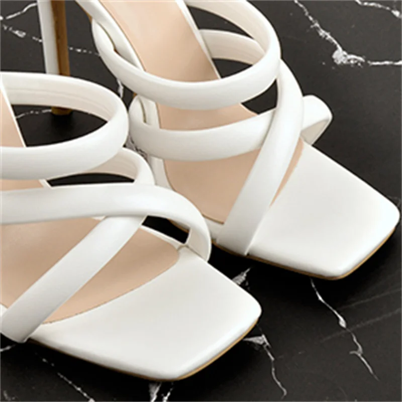 Richealnana Summer Slip-On Matte White Sandals High Heel Mules Square Toe Concise Fashion Ladies Shoes Casual Daily Soft PU
