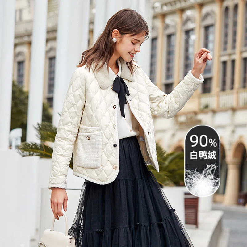 

SHZQ Lightweight Down Jacket Women's Short 2021 Winter Dress New Beige Fashion White Duck Down Lapel Coat