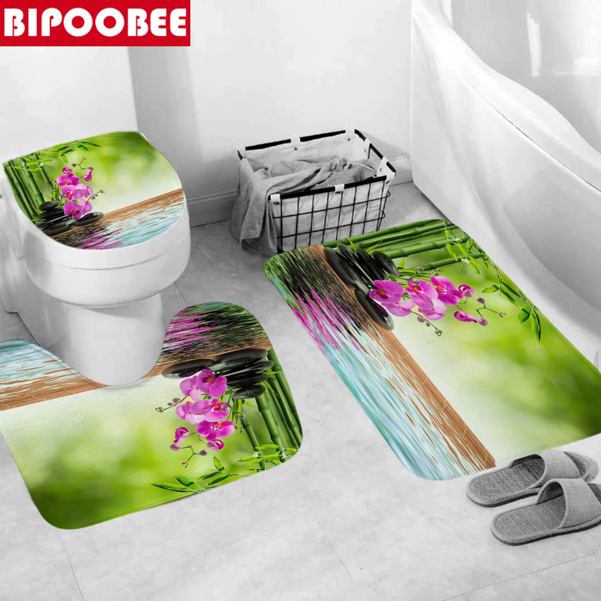 Черная занавеска для душа из дзен-камня бамбуковый лес озеро зеленое растение