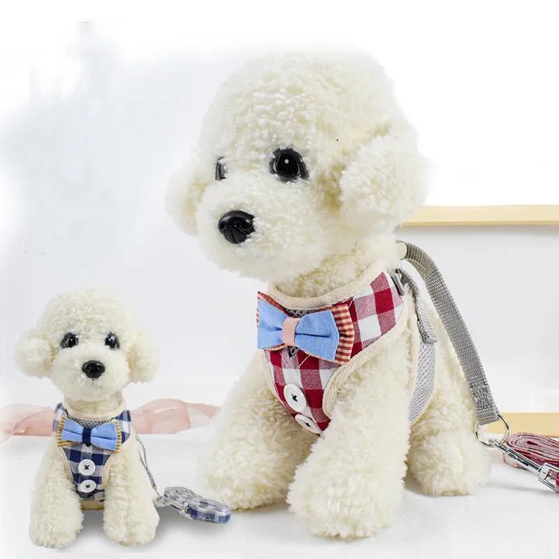 

1Pcs Mesh Breathable Dog Harness Adjustable Leash New Bow Plaid Puppies Cat collars Chest Strap Chihuahua Teddy Pet leads
