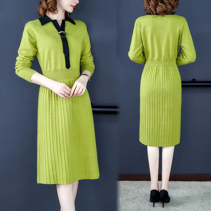 Новый элегантный OL отложной тонкий длинный свитер платье женское плотное