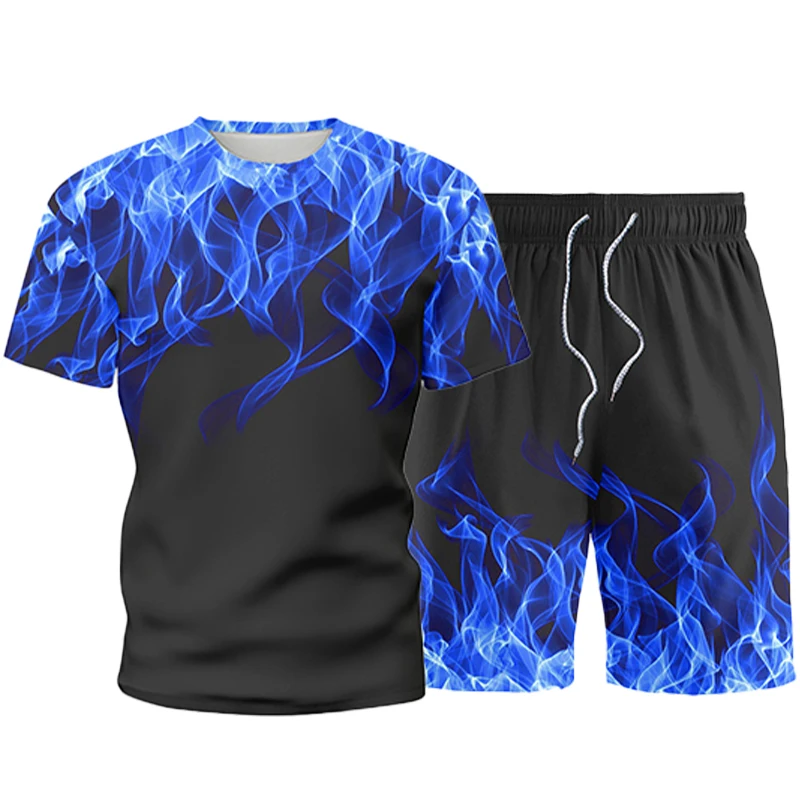 Костюм спортивный мужской с принтом пламени Повседневная футболка коротким