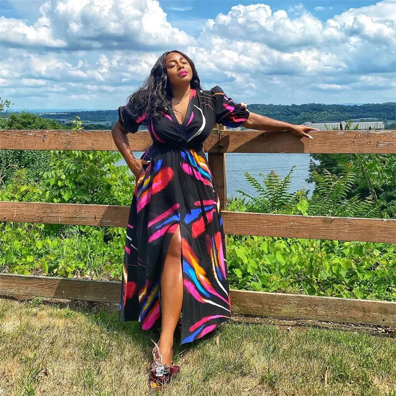 

Элегантная Американская Одежда Африканский Дашики с принтом пикантное Платье макси с V-образным вырезом в африканском стиле 2021 летние вече...
