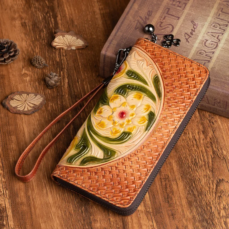 

Stylish new pure hand-pressed colored tree high-leather women's purse in the long multi-card bit leather hand-hold wallet purse