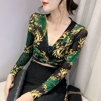 2021 print blouse women long sleeve sex blusa spring autumn new chic casual short tops office lady femme elegant vintage mujer