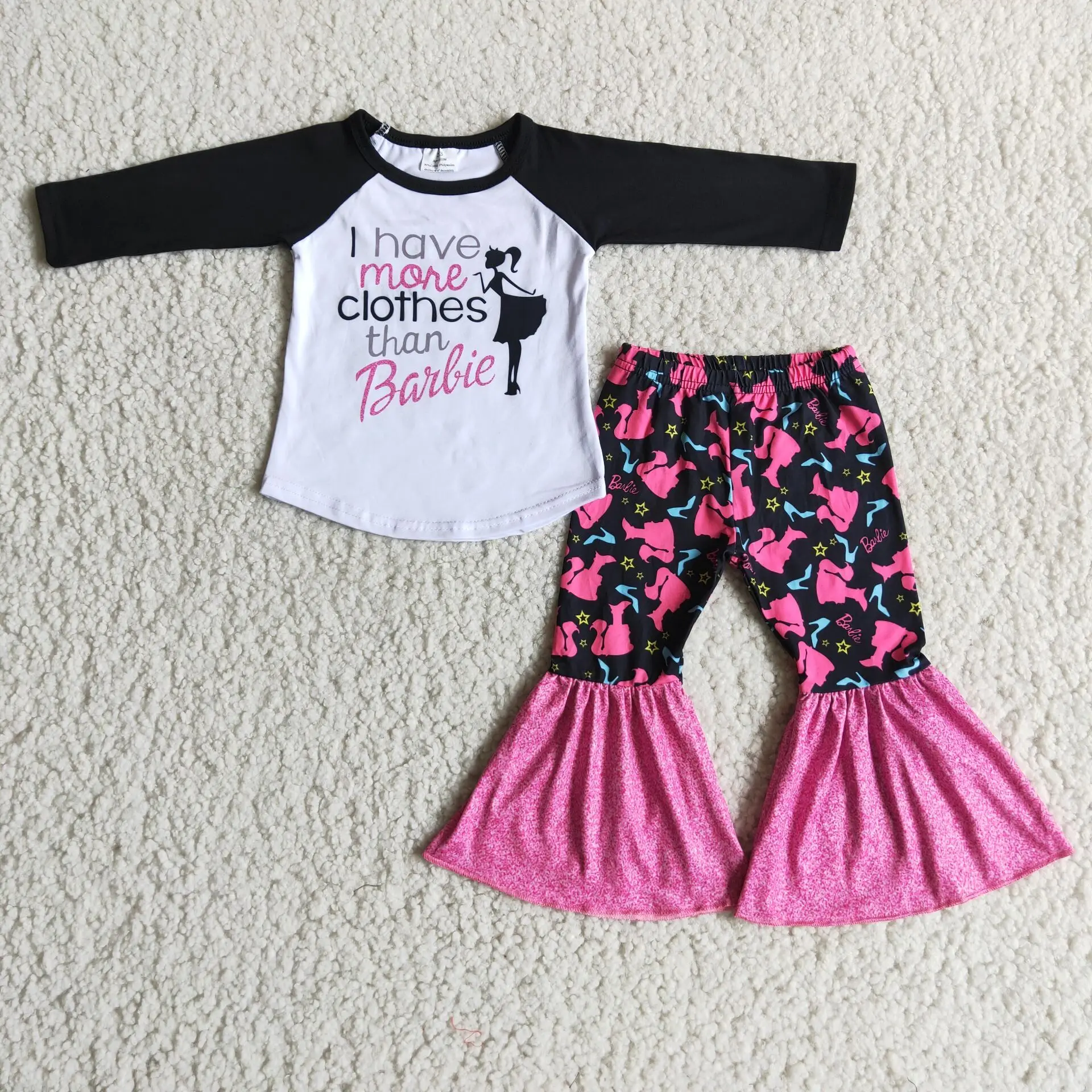 

Autumn Winter Princess Barby Printed Black And White Patchwork Top And Bell Bottoms Girls' Clothing Sets