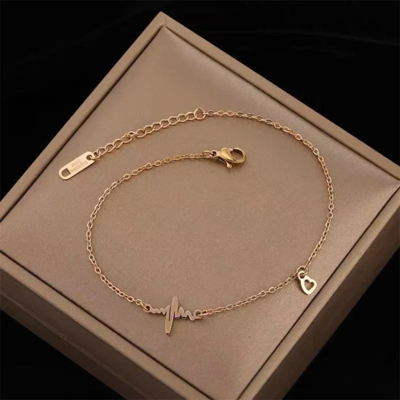 

2pcs Titanium Steel Chain Heartbeat Anklets For Women Adjustable Foot Jewelry Bracelet Anklet Summer Sandals No Fading