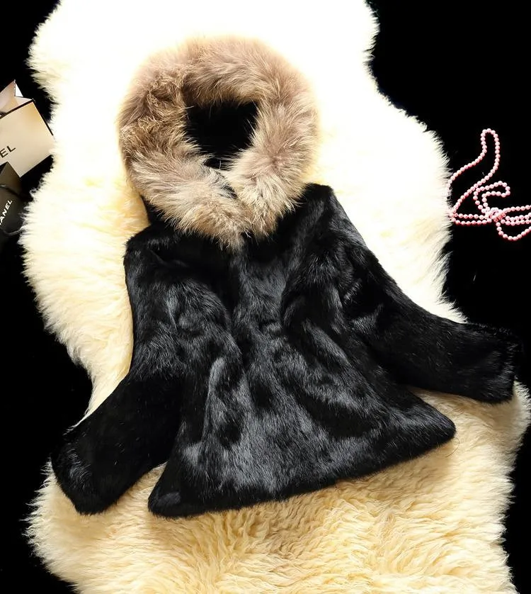 New Real  natural rabbit fur coat with raccoon fur collar and cuffs  Women's fashion stripe  jacket outwear