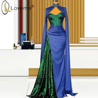 green and blue contrast color high neck evening dresses beads muslim long sleeve mermaid evening gowns middle east formal dress