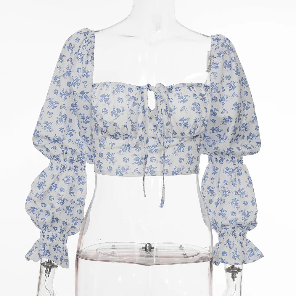 

Boho Women Spring Shirts Floral Printed Puff Sleeve Square Collar Slim Blouses Tops Fashion Ladies Bare Belly Bottoming Shirt