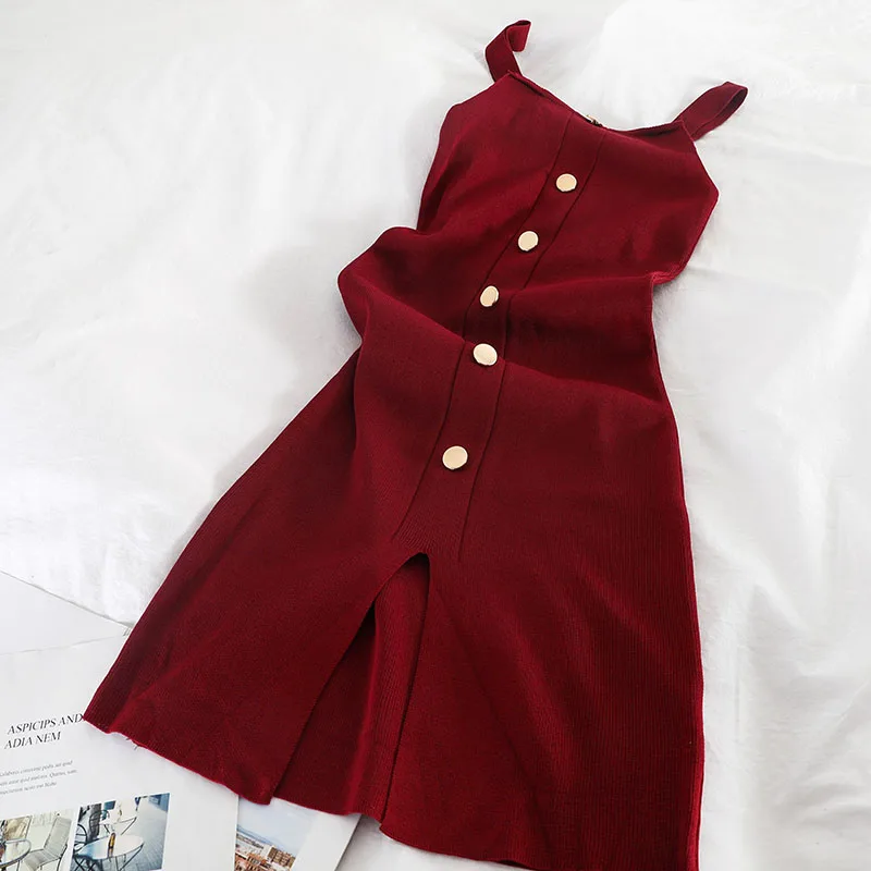 Gaganight Butt Elegant Short Knitted Bodycon Dress Women Spaghetti Strap Summer Dresses Slim Solid Chic Vestidos Korean Split | Женская