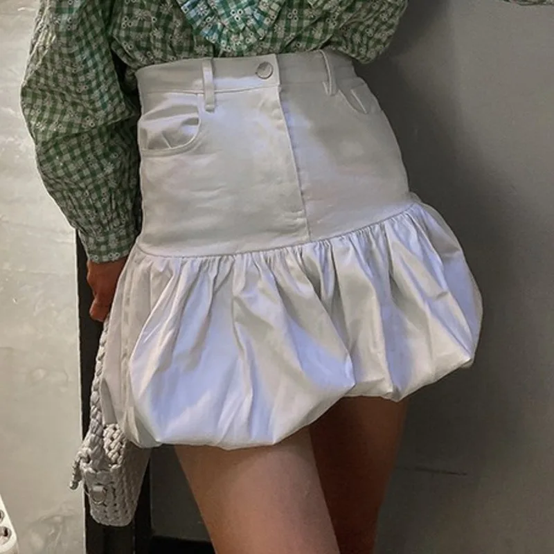 

Korean Sweet High Waist Slim Denim Kawaii Skirt Summer Cottagecore New Fashion Fluffy Flower Bud Short Girl Stitching Skirt 2021