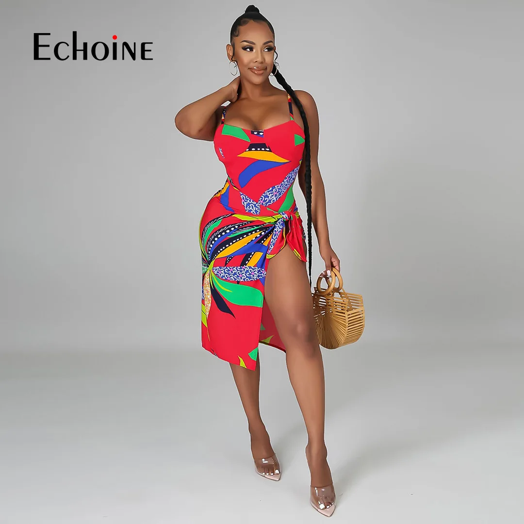 

Echoine Woman Two Piece Set Beach Sexy Print Off Shoulder Sling One Piece Backless Lace-up Swimsuit With Skirt Outfits Summer