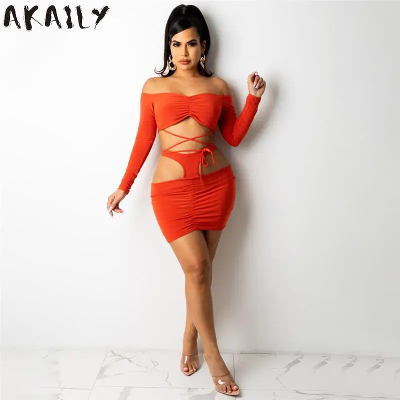 

Akaily Summer Sexy 2 Two Piece Sets Womens Skirt Club Outftis One Shoulder Crop Top Bodycon Dress Sets Female Mini Skirts Sets