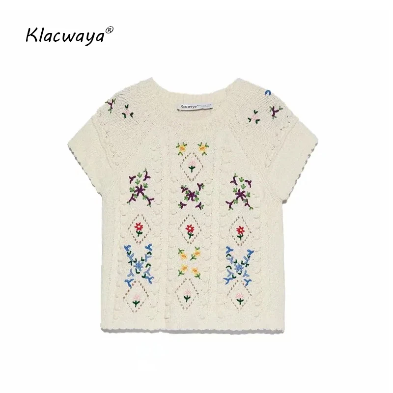 Женский свитер с круглым вырезом Klacwaya элегантный цветочной вышивкой и коротким