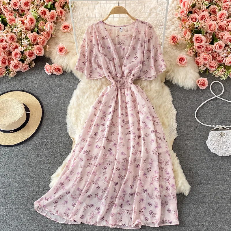 

Uulutonica Summer Women Elegant Fashion A-line Print Short Folds Ankle-length Flying Sleeve Dropped V-neck Chiffon Dress