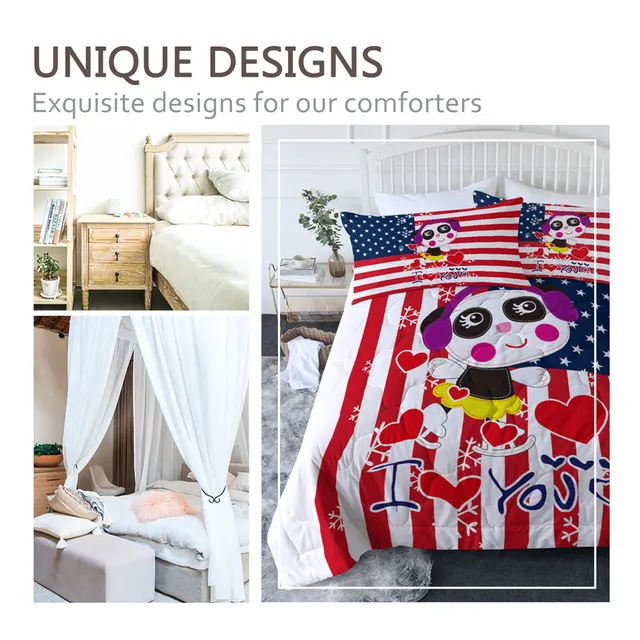 BlessLiving Flag Summer Quilt Stars and Stripes Comforter Set Cute Panda Bedclothes Cartoon Textile Graphic Couette De Lit 3PCS 2