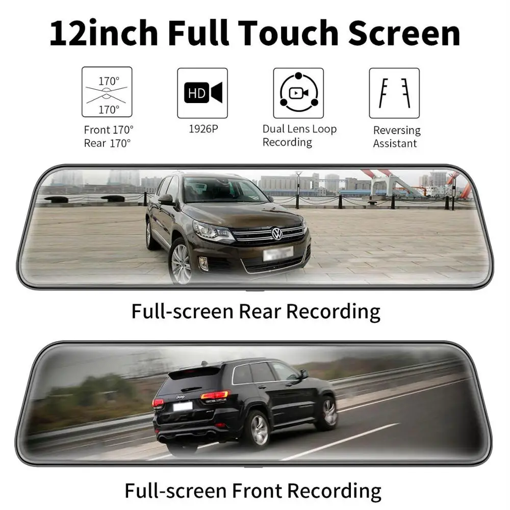 12-дюймовый автомобильный видеорегистратор заднего вида Камера зеркало 2K Dash FHD 1080P