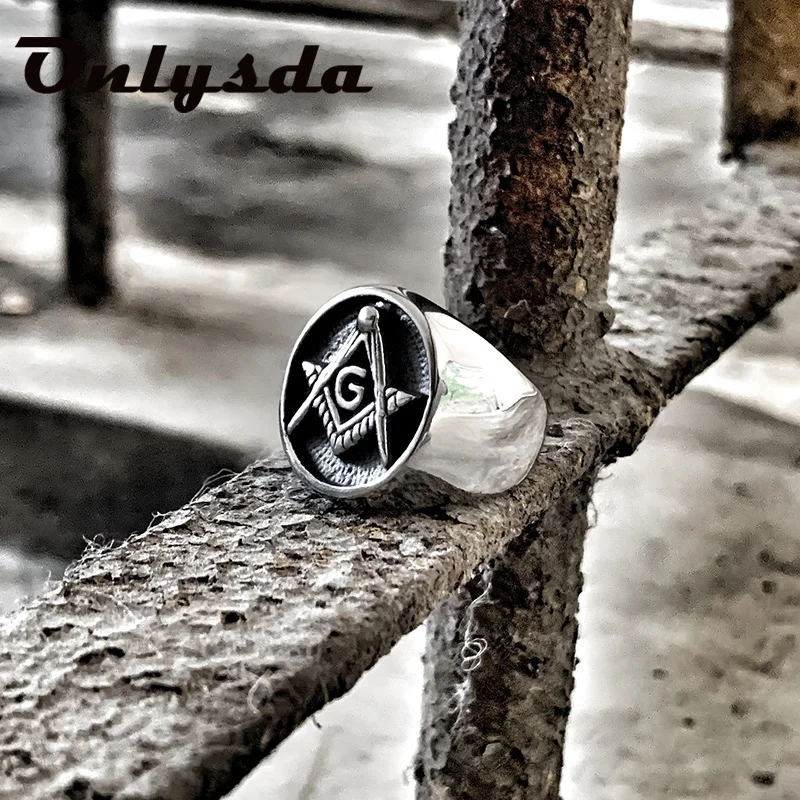 

Vintage Black Stainless Steel Men Ring Big Free Mason Freemasonry Masonic AG Retro Punk Titanium Male Ring Jewelry Gift OSR509