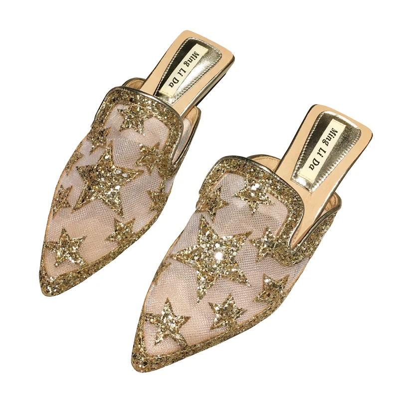 

Transparent gauze slippers for women to wear new style 2021 pointed flat bottomed Muller Baotou half slippers