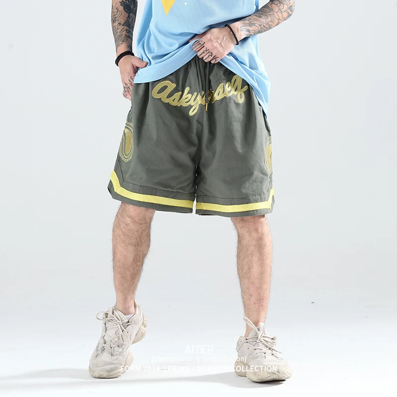 

Gold Thread Cashew Embroidery Retro Letter Print Shorts Men's Drawstring Oversize High Street Summer Five Point Pants