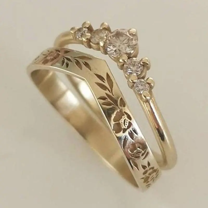 

2pcs/Set Vintage Flower Rings for Women Yellow Gold Color Engagement Finger Ring Female Wedding Jewelry Accessories Gifts
